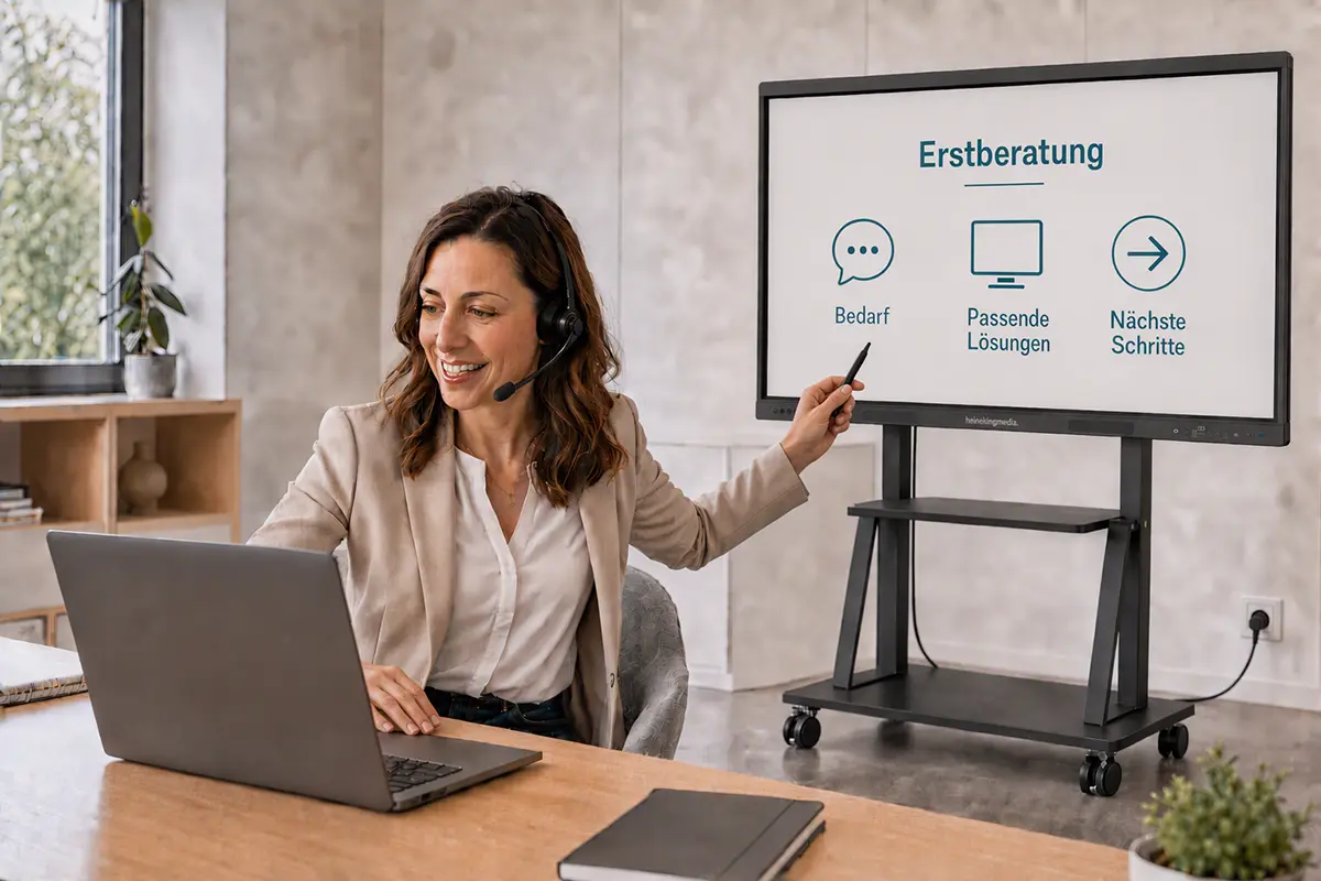 Eine Person am Laptop deutet auf einen Fernseher